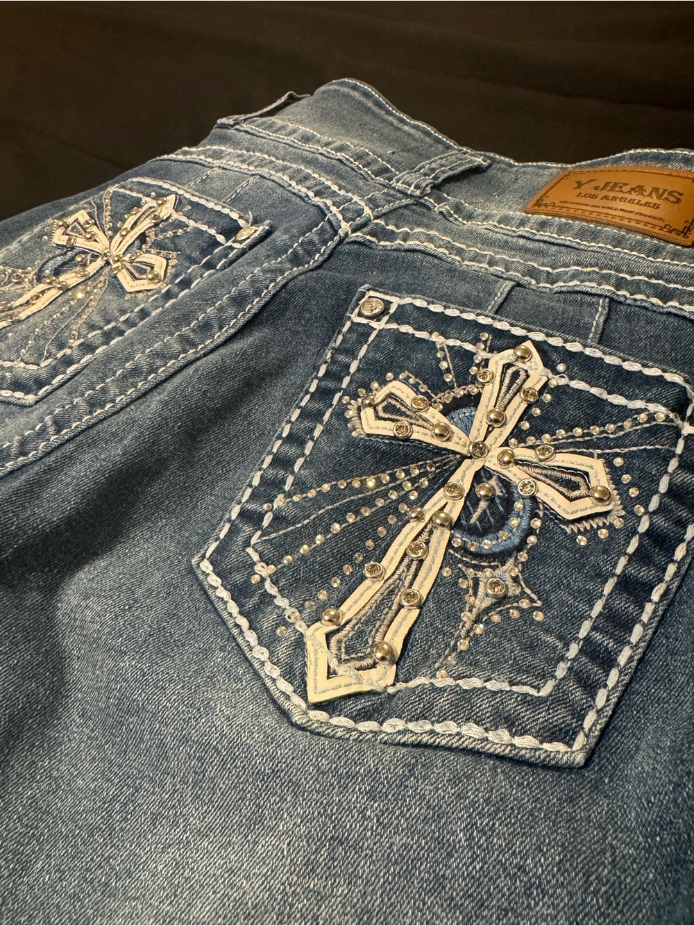 Worn Once! Y Jeans Embellished Cross Pocket women’s Blue Denim Jeans